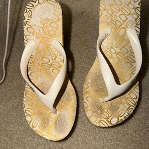 bebe White and Gold Patterned Sandals